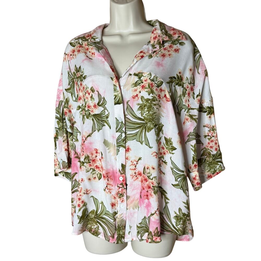 POL Tie Dye Tropical Flower Short Sleeve Button Up Top S NWOT